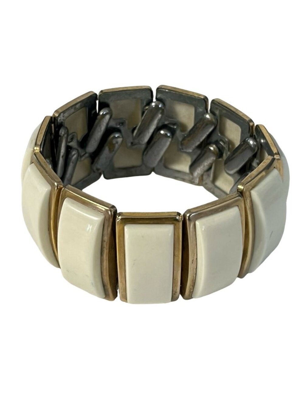 Vintage Panel Link Bracelet White Lucite Gold Tone Stretch Wide Bracelet Retro M